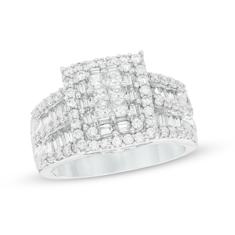 Main Image 1 of Previously Owned - 1-1/2 CT. T.W. Square Composite Diamond Frame Two Row Engagement Ring in 14K White Gold