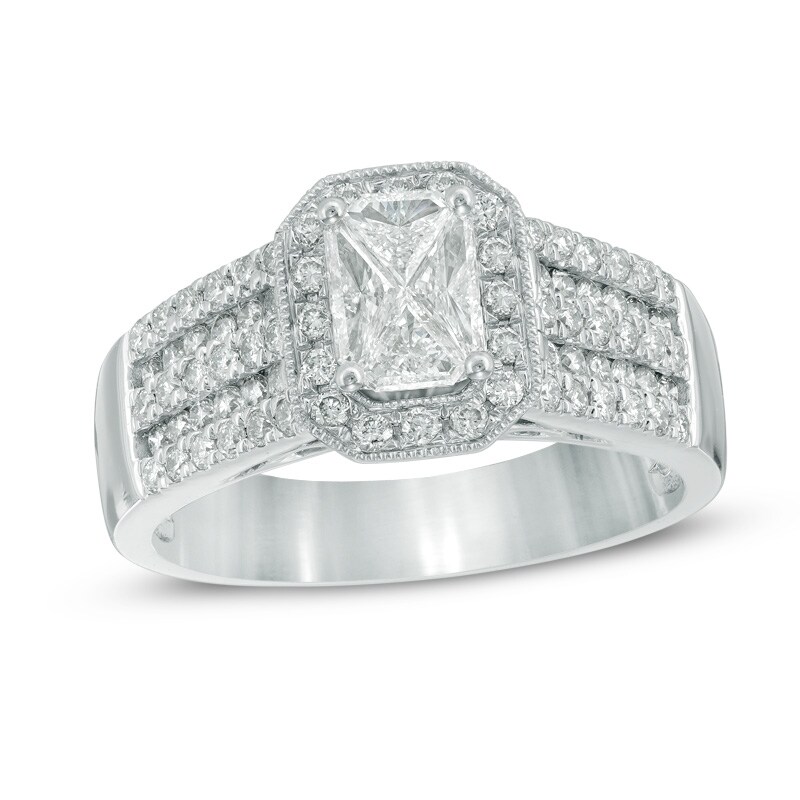 Main Image 1 of Previously Owned - 1 CT. T.W. Quad Diamond Octagonal Frame Vintage-Style Channel-Set Engagement Ring in 14K White Gold