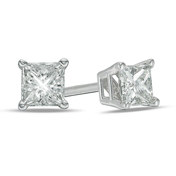 Previously Owned - 1/3 CT. T.W. Princess-Cut Diamond Solitaire Stud Earrings in 14K White Gold Previously Owned - 1/3 CT. T.W. Princess-Cut Diamond Solitaire Stud Earrings in 14K White Gold