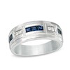 Thumbnail Image 0 of Previously Owned - Men's Lab-Created Blue Sapphire and 1/10 CT. T.W. Diamond Alternating Band in 10K White Gold