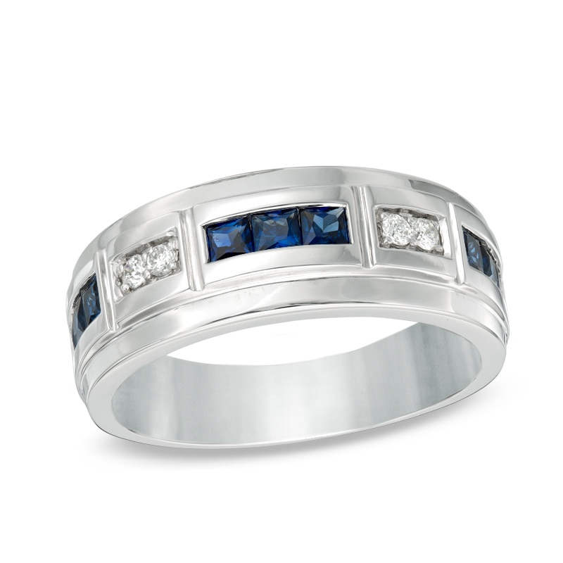 Previously Owned - Men's Lab-Created Blue Sapphire and 1/10 CT. T.W. Diamond Alternating Band in 10K White Gold