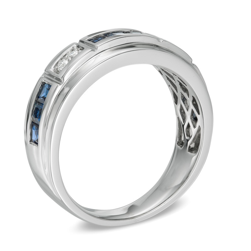 Previously Owned - Men's Lab-Created Blue Sapphire and 1/10 CT. T.W. Diamond Alternating Band in 10K White Gold