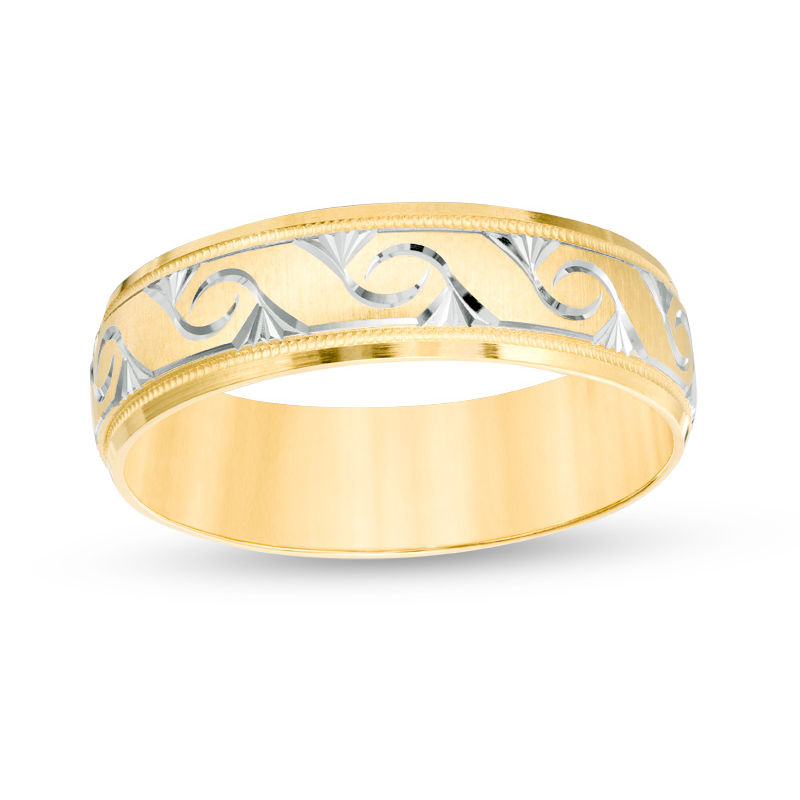 Main Image 1 of Previously Owned - 6.0mm Comfort-Fit Diamond-Cut Swirl Milgrain Edge Wedding Band in 10K Gold with White Rhodium