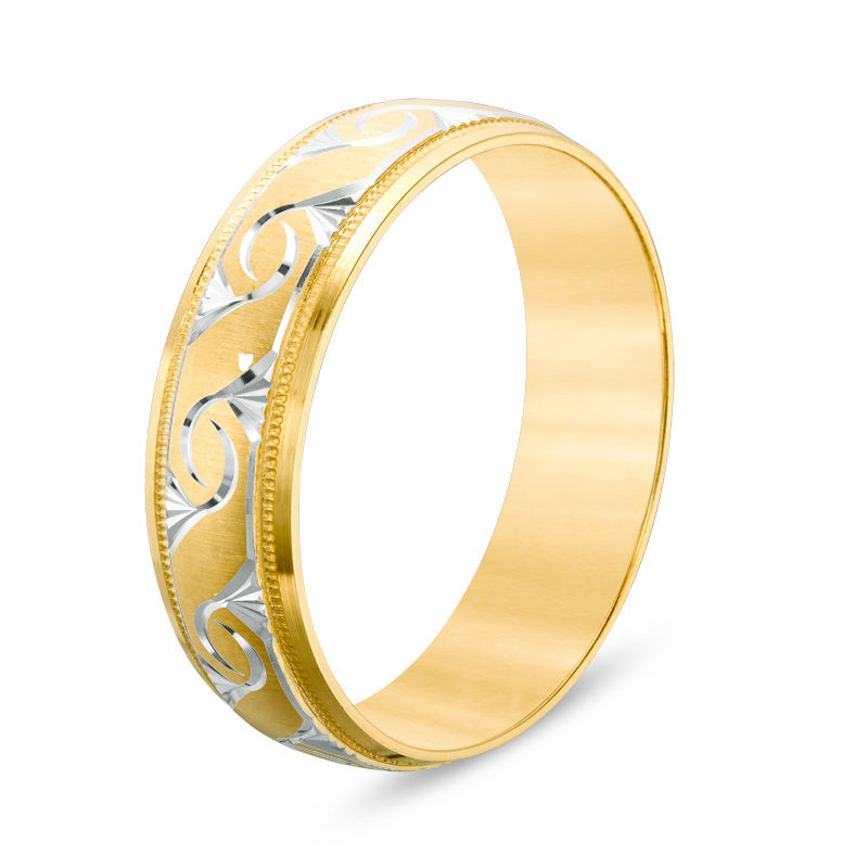 Main Image 2 of Previously Owned - 6.0mm Comfort-Fit Diamond-Cut Swirl Milgrain Edge Wedding Band in 10K Gold with White Rhodium