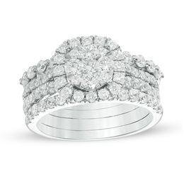 Previously Owned - 2 CT. T.W. Composite Diamond Cushion Frame Three Piece Bridal Set in 14K White Gold