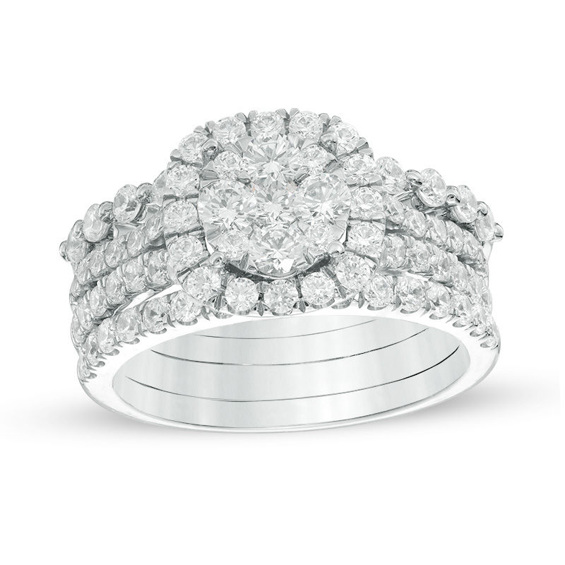 Main Image 1 of Previously Owned - 2 CT. T.W. Composite Diamond Cushion Frame Three Piece Bridal Set in 14K White Gold