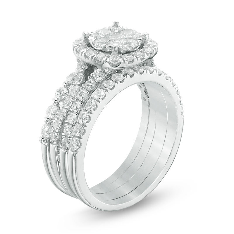 Main Image 2 of Previously Owned - 2 CT. T.W. Composite Diamond Cushion Frame Three Piece Bridal Set in 14K White Gold
