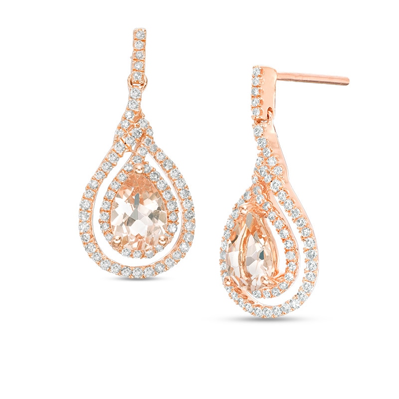 Previously Owned - Pear-Shaped Morganite and 3/8 CT. T.W. Diamond Double Twist Frame Drop Earrings in 10K Rose Gold