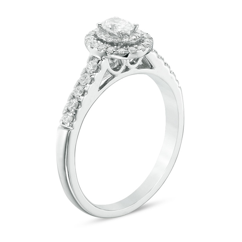 Main Image 2 of Previously Owned - 1/2 CT. T.W. Oval Diamond Double Frame Engagement Ring in 14K White Gold