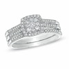 Thumbnail Image 1 of Previously Owned - 1/2 CT. T.W. Diamond Cluster Square Frame Three-Piece Bridal Set in 10K White Gold