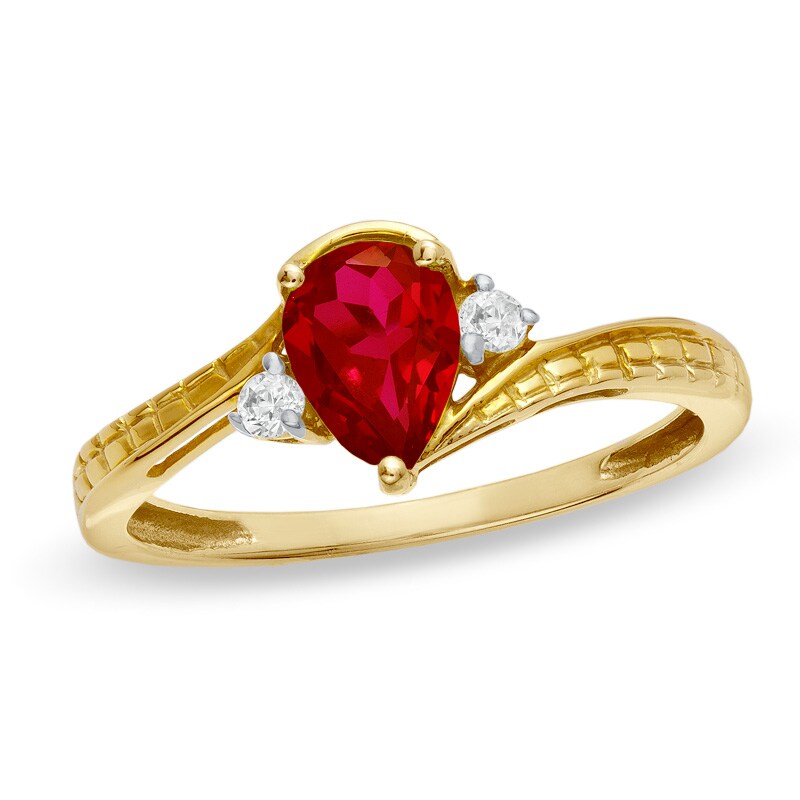 Main Image 1 of Previously Owned - Pear-Shaped Lab-Created Ruby and Diamond Accent Bypass Ring in 10K Gold