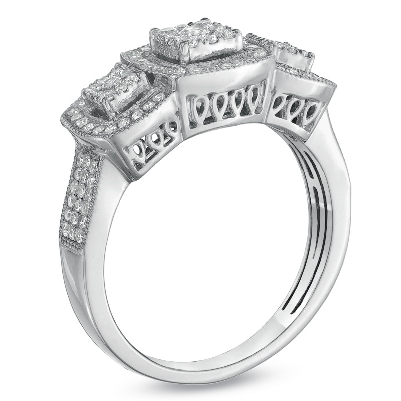 Previously Owned - 1/2 CT. T.W. Composite Diamond Three Stone Framed Engagement Ring in 10K White Gold