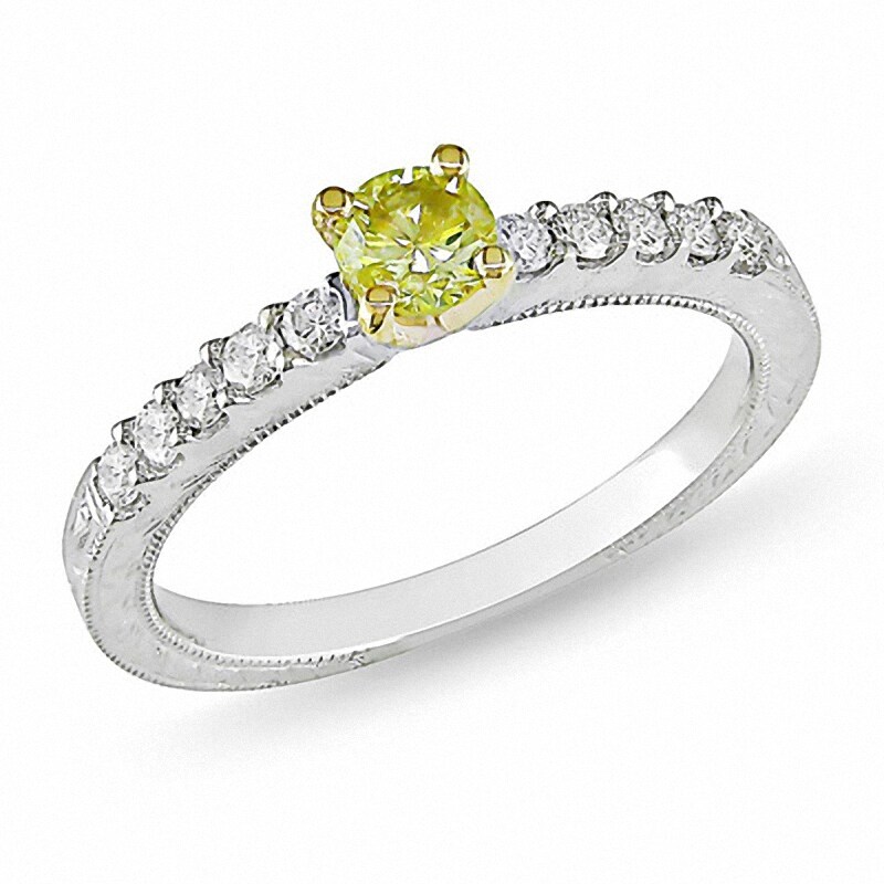 Main Image 1 of Previously Owned - 1/2 CT. T.W. Yellow and White Diamond Engagement Ring in 10K White Gold