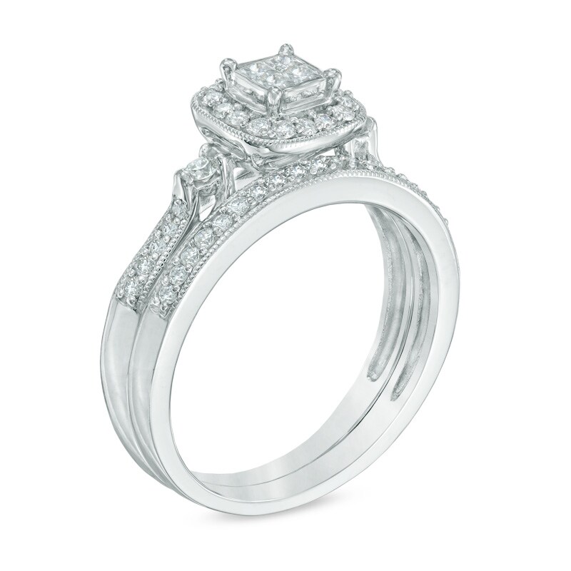 Main Image 2 of Previously Owned - 1/2 CT. T.W. Quad Princess-Cut Diamond Frame Vintage-Style Bridal Set in 10K White Gold