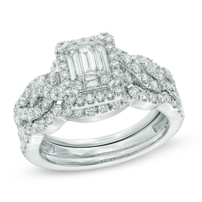 Previously Owned - 1-1/2 CT. T.W. Multi-Baguette Diamond Frame Three Piece Bridal Set in 14K White Gold