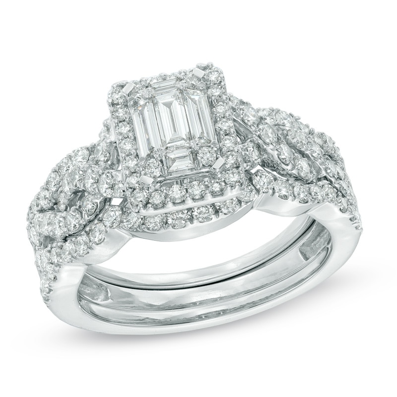 Main Image 1 of Previously Owned - 1-1/2 CT. T.W. Multi-Baguette Diamond Frame Three Piece Bridal Set in 14K White Gold