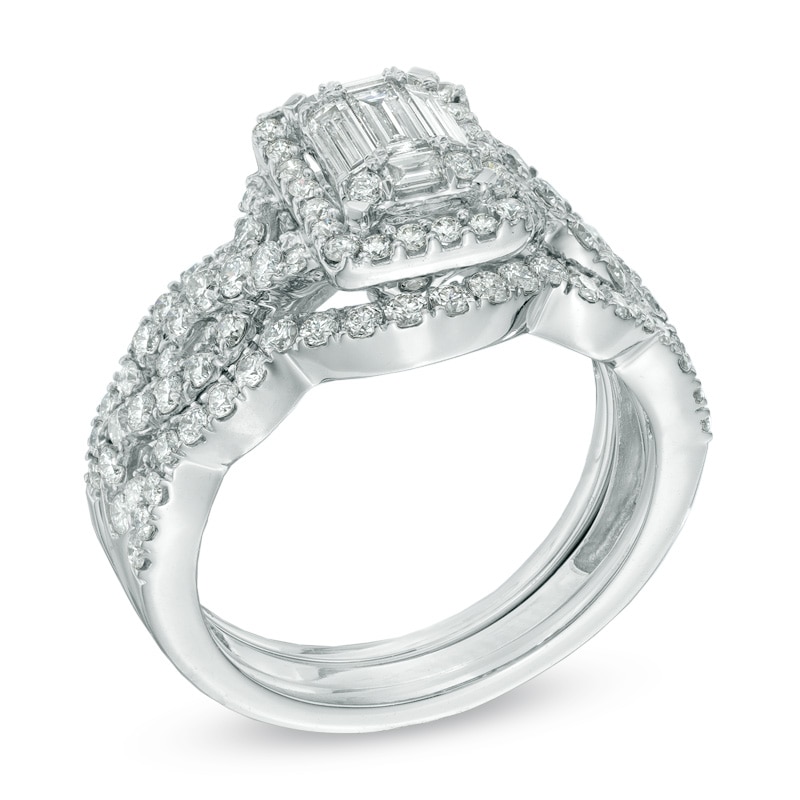 Previously Owned - 1-1/2 CT. T.W. Multi-Baguette Diamond Frame Three Piece Bridal Set in 14K White Gold