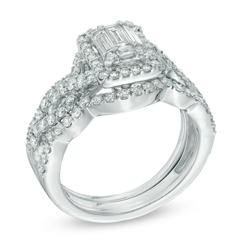 Main Image 2 of Previously Owned - 1-1/2 CT. T.W. Multi-Baguette Diamond Frame Three Piece Bridal Set in 14K White Gold