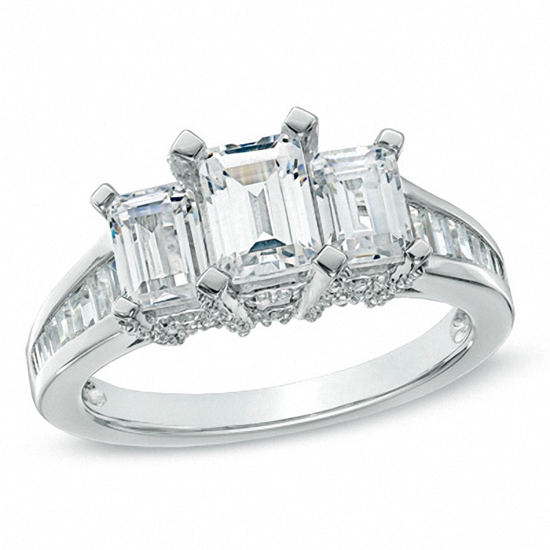 Main Image 1 of Previously Owned - 2 CT. T.W. Emerald-Cut Diamond Three Stone Ring in 14K White Gold (I/I1)
