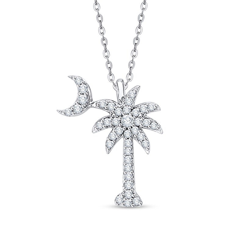 Main Image 1 of Previously Owned - 1/6 CT. T.W. Diamond Crescent Moon Over Palm Tree Pendant in 14K White Gold