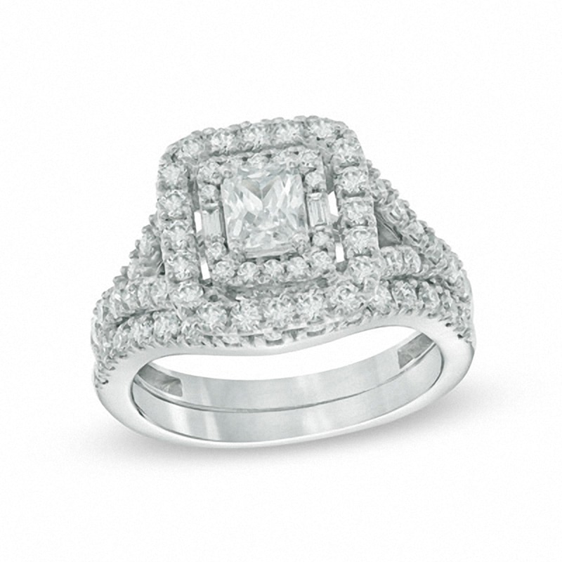 Main Image 1 of Previously Owned - 1-3/4 CT. T.W. Radiant-Cut Diamond Frame Bridal Set in 14K White Gold