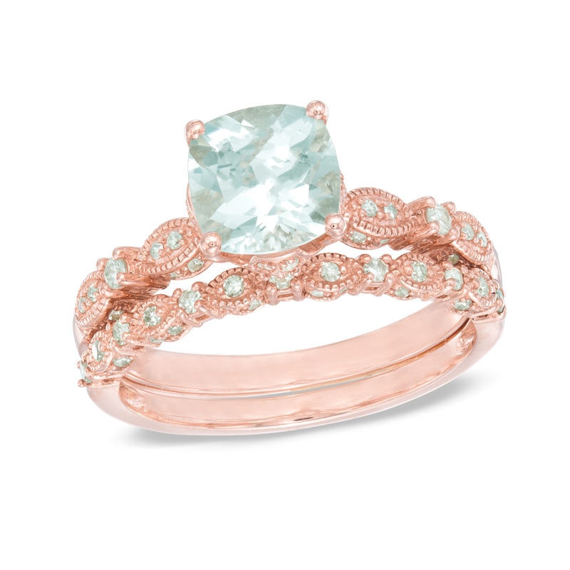 Previously Owned - 7.0mm Cushion-Cut Aquamarine and 1/3 CT. T.W. Diamond Bridal Set in 14K Rose Gold