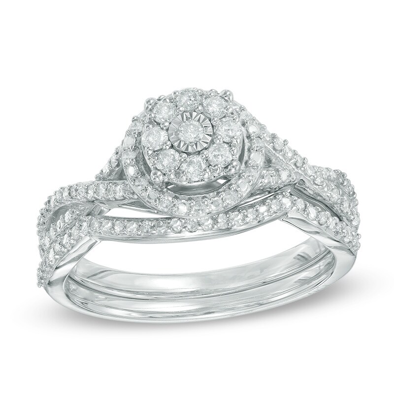 Main Image 1 of Previously Owned - 1/3 CT. T.W. Composite Diamond Frame Twist Bridal Set in 10K White Gold