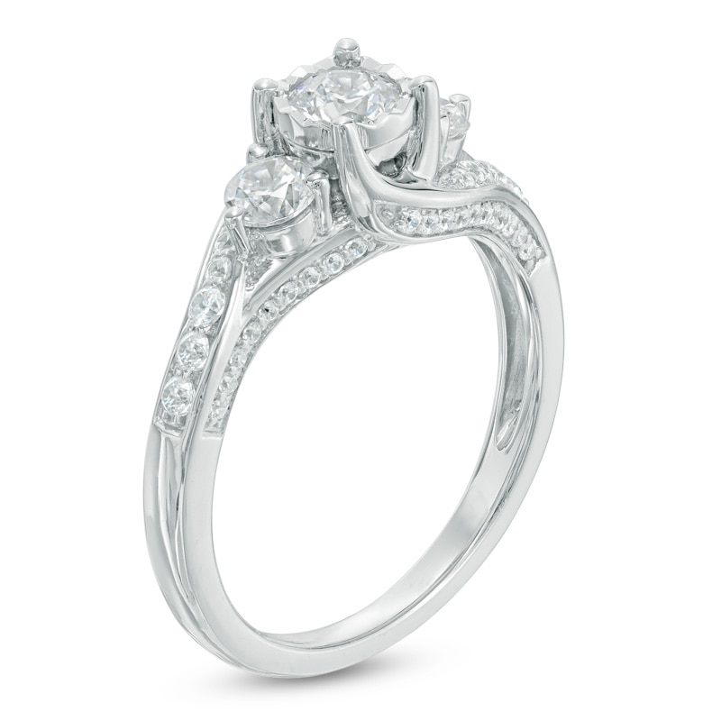 Main Image 2 of Previously Owned - 1 CT. T.W. Diamond Past Present Future® Bypass Engagement Ring in 14K White Gold
