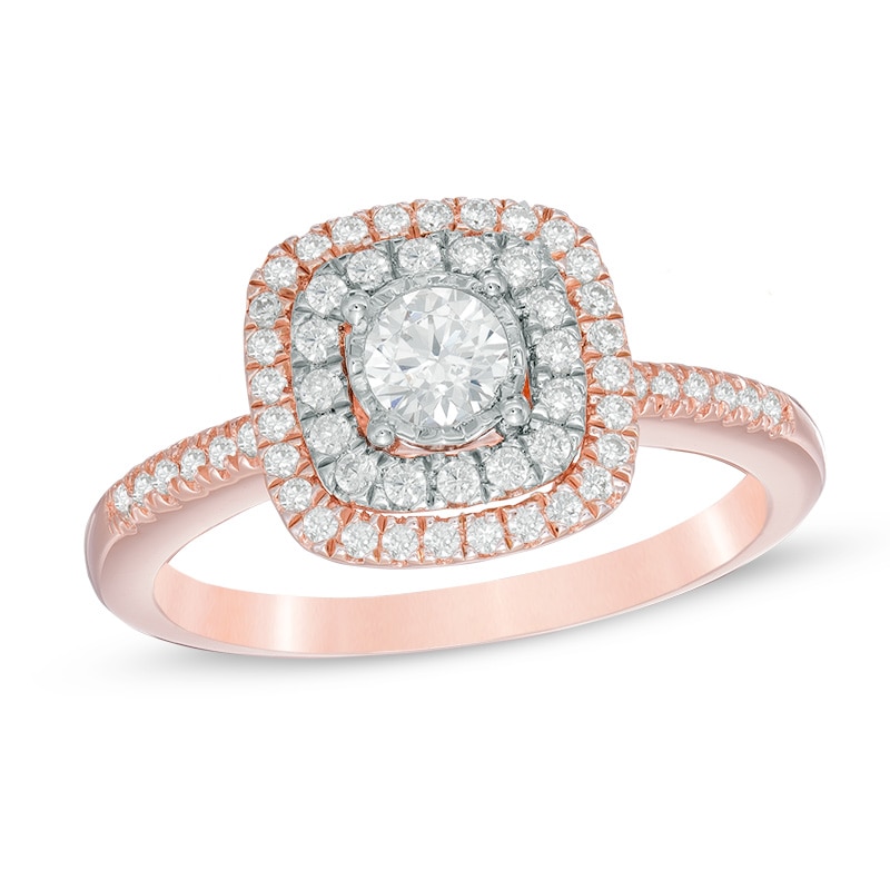 Previously Owned - 1/2 CT. T.W. Diamond Double Cushion Frame Engagement Ring in 10K Two-Tone Gold