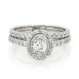 Previously Owned 1-1/5 CT. T.W. Diamond Double Oval Frame Soldered Bridal Set in 14K White Gold