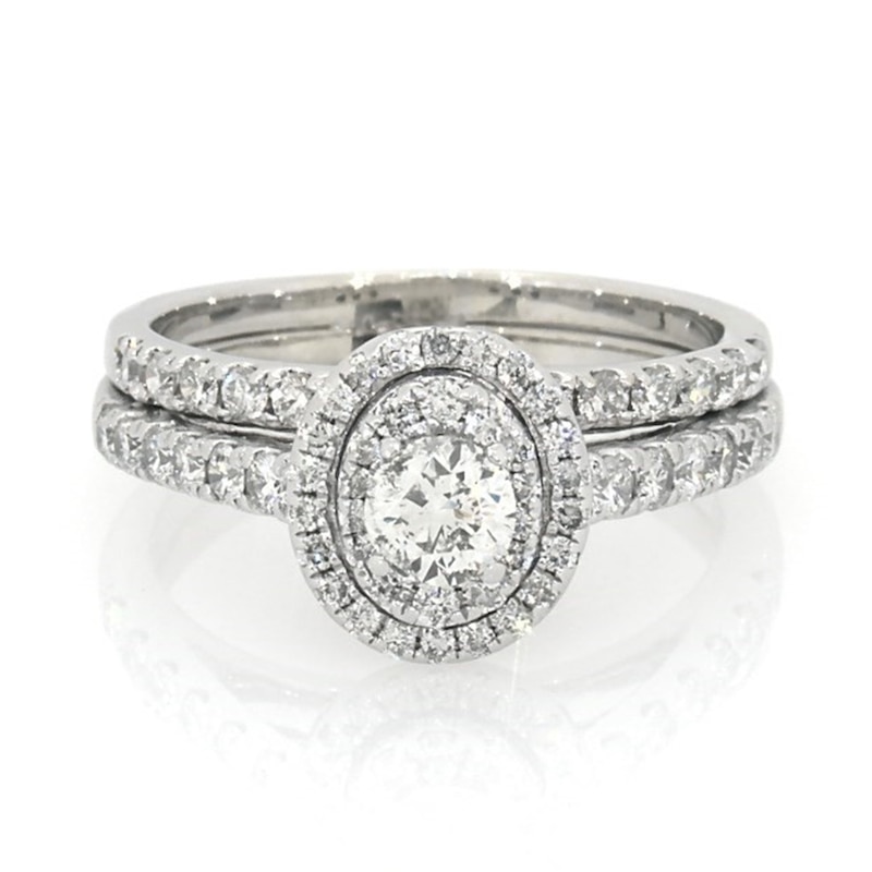 Main Image 1 of Previously Owned 1-1/5 CT. T.W. Diamond Double Oval Frame Soldered Bridal Set in 14K White Gold