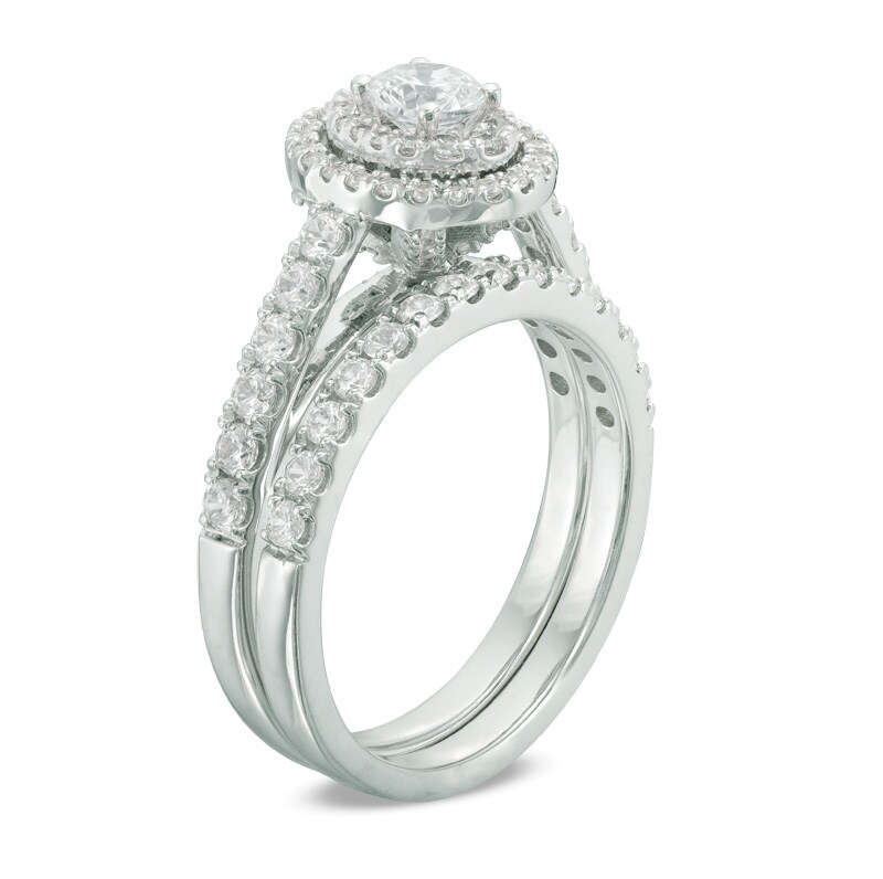 Main Image 2 of Previously Owned 1-1/5 CT. T.W. Diamond Double Oval Frame Soldered Bridal Set in 14K White Gold