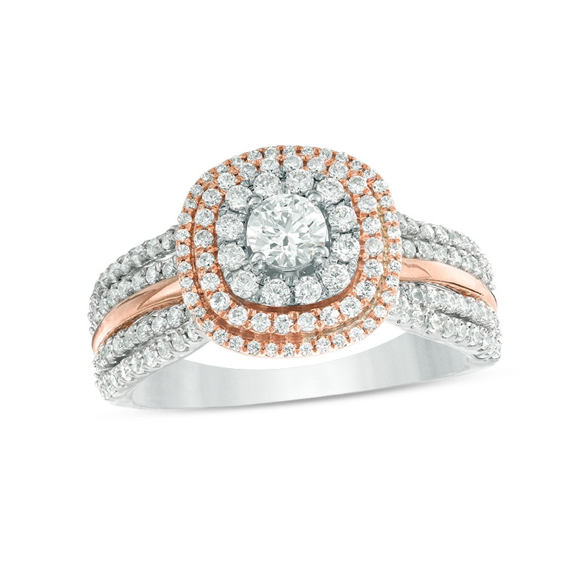 Previously Owned - 1 CT. T.W. Diamond Triple Cushion Frame Multi-Row Engagement Ring in 14K Two-Tone Gold