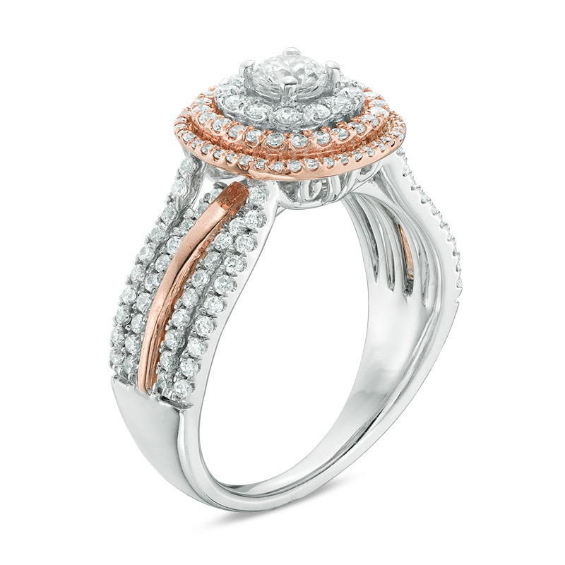 Previously Owned - 1 CT. T.W. Diamond Triple Cushion Frame Multi-Row Engagement Ring in 14K Two-Tone Gold