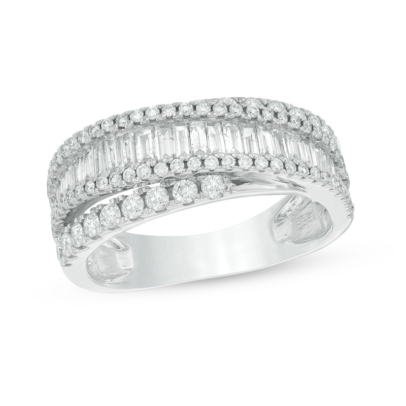 Main Image 1 of Previously Owned - 1-1/5 CT. T.W. Baguette and Round Diamond Layered Crossover Band in 14K White Gold