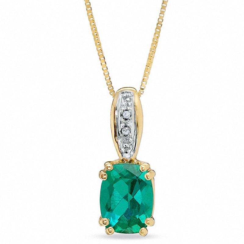Main Image 1 of Previously Owned - Cushion-Cut Lab-Created Emerald and Diamond Accent Pendant in 10K Gold