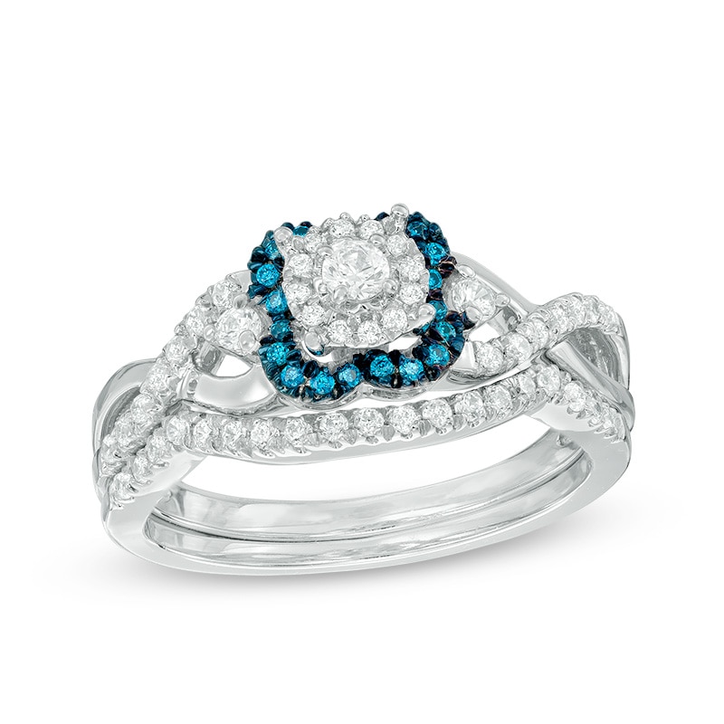 Main Image 1 of Previously Owned - 1/2 CT. T.W. Enhanced Blue and White Diamond Square Frame Bridal Set in 10K White Gold