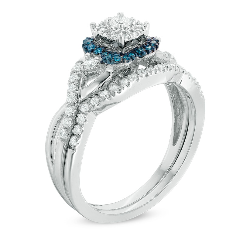 Main Image 2 of Previously Owned - 1/2 CT. T.W. Enhanced Blue and White Diamond Square Frame Bridal Set in 10K White Gold