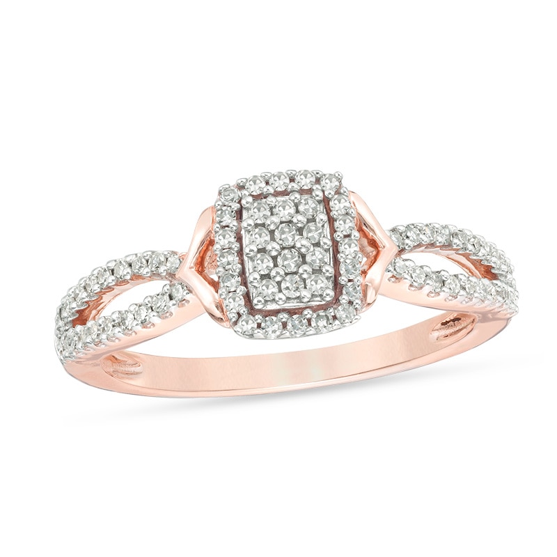 Main Image 1 of Previously Owned - 1/4 CT. T.W. Composite Diamond Rectangle Frame Split Shank Ring in 10K Rose Gold