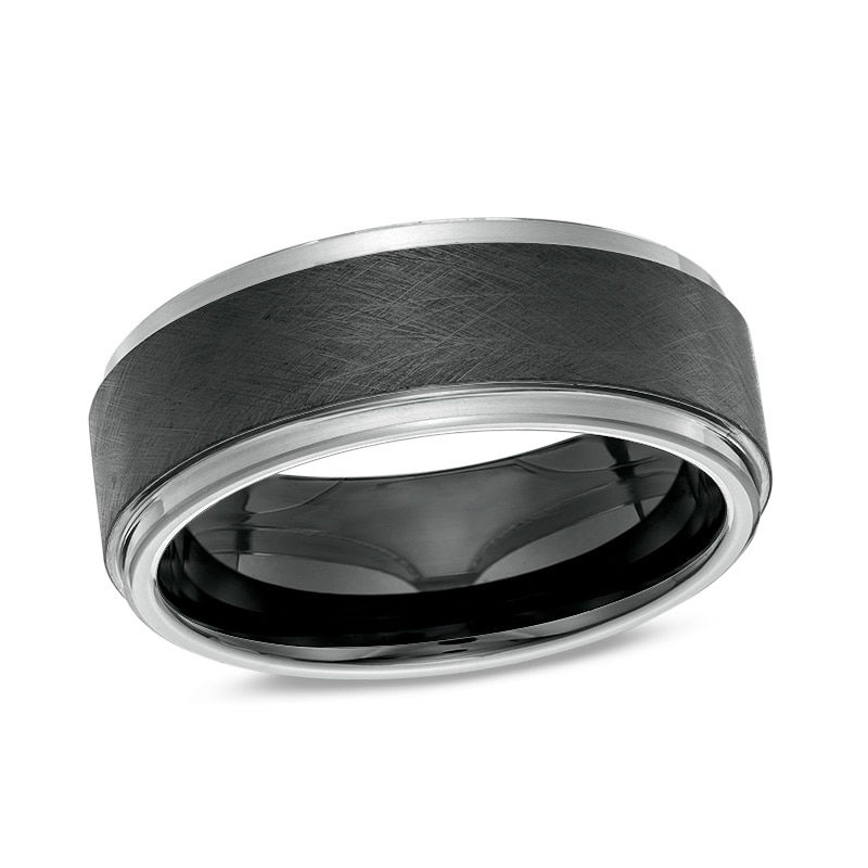 Main Image 1 of Previously Owned - 8.0mm Satin Stepped Edge Wedding Band in Two-Tone IP Tantalum