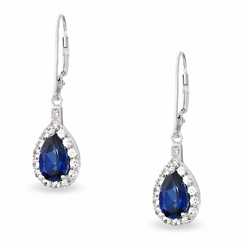 Main Image 1 of Previously Owned - Pear-Shaped Lab-Created Blue and White Sapphire and Diamond Accent Drop Earrings in 10K White Gold