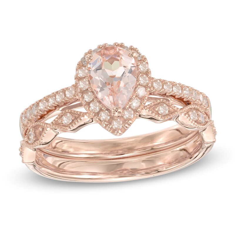 Main Image 1 of Previously Owned - Pear-Shaped Morganite and 1/4 CT. T.W. Diamond Frame Vintage-Style Bridal Set in 14K Rose Gold