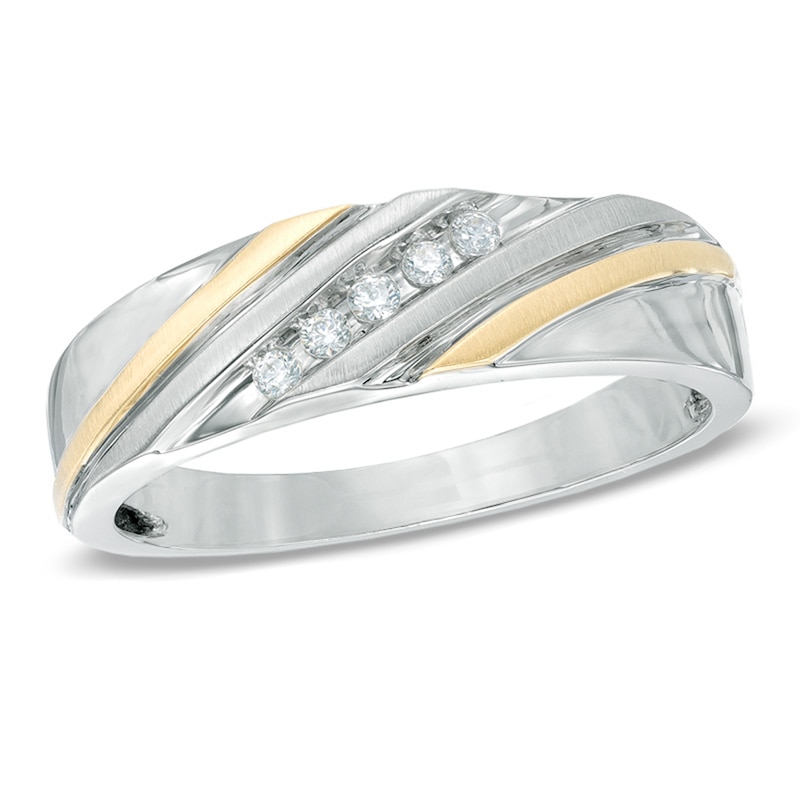 Main Image 1 of Previously Owned - 1/10 CT. T.W. Diamond Slant Wedding Band in 10K Two-Tone Gold