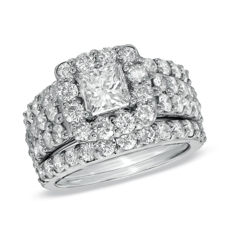 Main Image 1 of Previously Owned - 3 CT. T.W. Diamond Semi-Mount Three-Piece Bridal Set in 14K White Gold