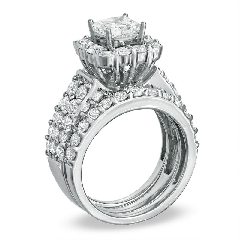 Main Image 2 of Previously Owned - 3 CT. T.W. Diamond Semi-Mount Three-Piece Bridal Set in 14K White Gold