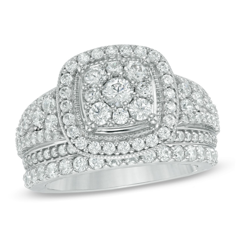 Main Image 1 of Previously Owned - 1-3/4 CT. T.W. Diamond Frame Cluster Bridal Set in 14K White Gold