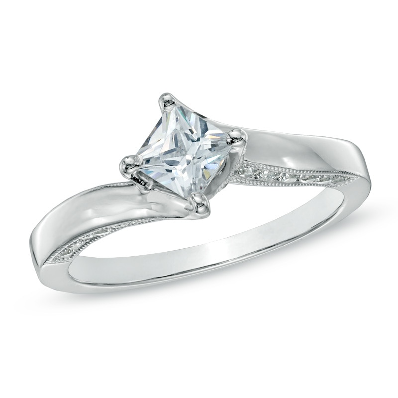 Main Image 1 of Previously Owned - 3/4 CT. T.W. Princess-Cut Diamond Bypass Engagement Ring in 14K White Gold (J/I2)