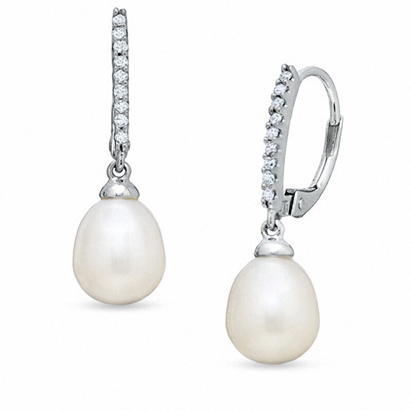 Previously Owned - 7.0 - 7.5mm Pear-Shaped Cultured Freshwater Pearl and 1/10 CT. T.W. Diamond Drop Earrings in 10K White Gold