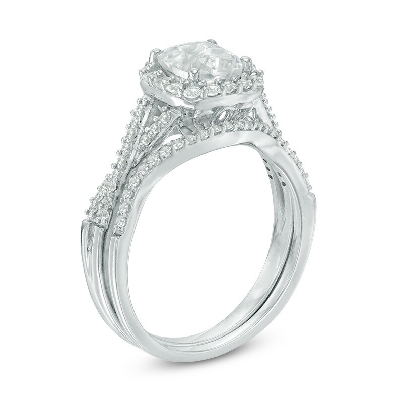 Main Image 2 of Previously Owned - 6.0mm Cushion-Cut Lab-Created White Sapphire Frame Bridal Set in Sterling Silver