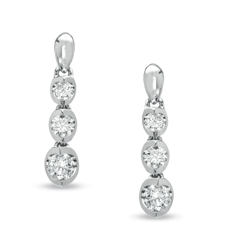 Previously Owned - 1/2 CT. T.W. Diamond Three Stone Drop Earrings in 14K White Gold (I/I2)